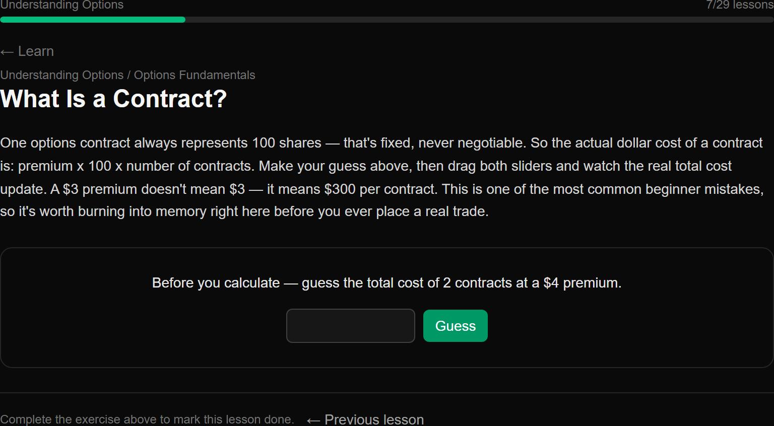 Lesson asking the learner to guess the total cost of an options contract before revealing the math