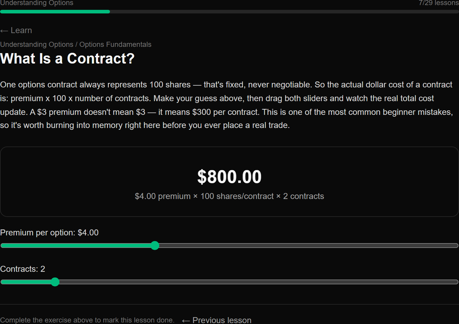 Interactive calculator showing the real total cost of an options contract