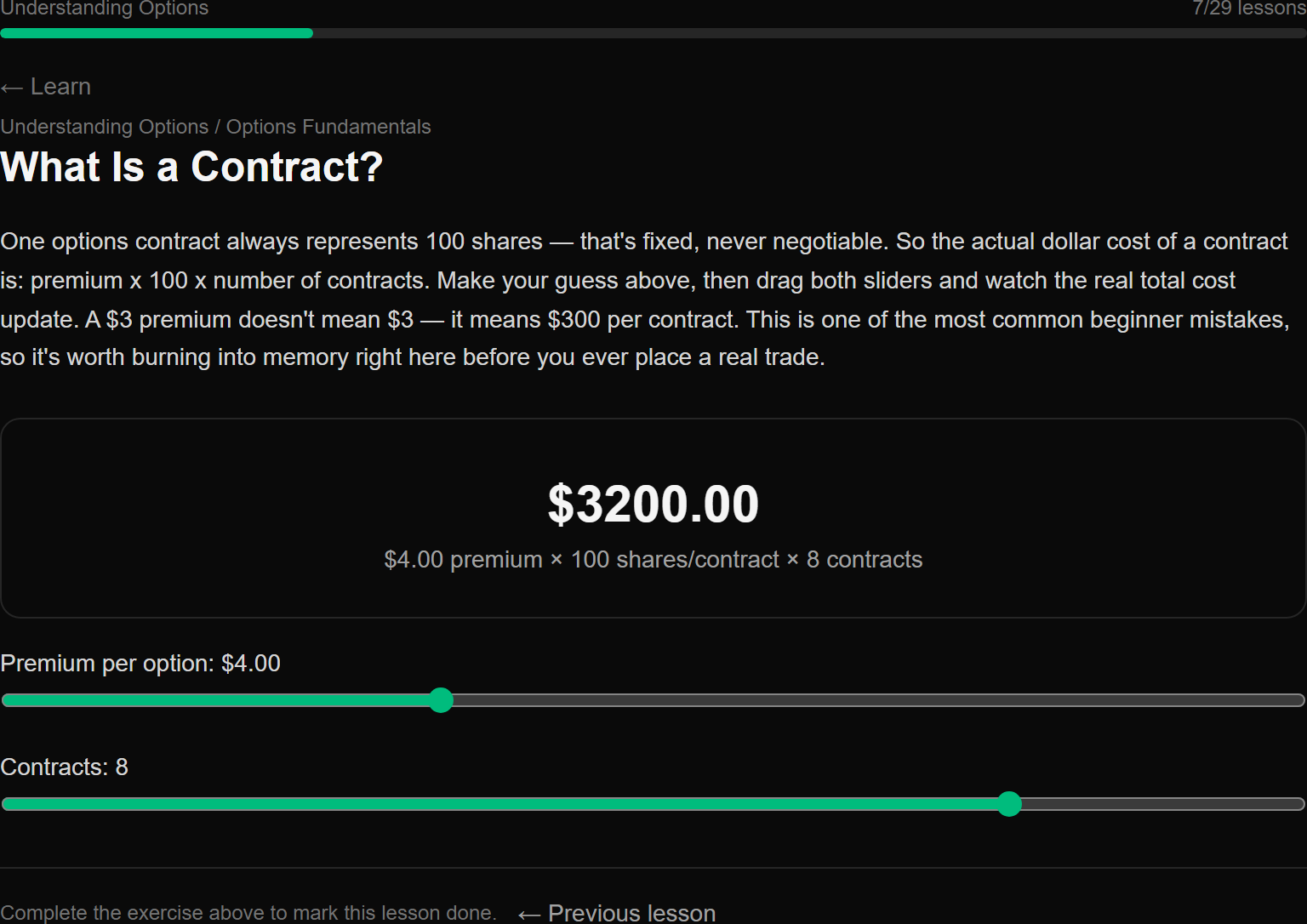 Interactive calculator after dragging a slider, showing the total cost jump from $800 to $3200